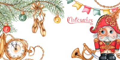 quebra-nozes dentro steampunk estilo com abeto galhos e ouro relógio, aguarela ilustração. uma estatueta do uma homem com uma ampla cabeça e uma sorridente face rachaduras nozes. bandeira isolado a partir de a fundo. png