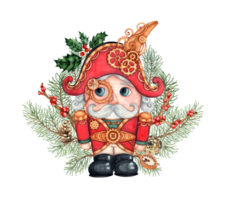 Steampunk style nutcracker toys with fir branches, holly, red berry and pine cones watercolor illustration. A figurine of a man with a large head and a smiling face cracking nuts. Isolated composition png