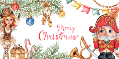 Nutcracker, steampunk style ballerina with fir branches, Merry Christmas watercolor illustration. A figurine of a man with a large head and a smiling face cracking nuts. Isolated composition png