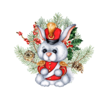 Military rabbit hussar in red dress uniform with fir branches, pine cones, holly and red berry watercolor illustration. Toy soldier, fairytale nutcracker, isolated from background. For decoration png