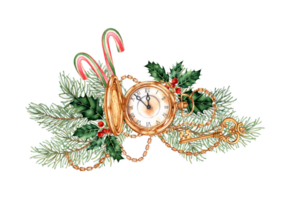 Gold pocket watch with open cover and elegant chain with fir branches, holly, caramel and key watercolor illustration. Vintage style, Roman numerals on the dial. Isolated from the background. png