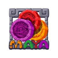 Mayan APP icon for 2D game. Slot symbol. Colored Aztec amulets in stone frame for your 2D game. png