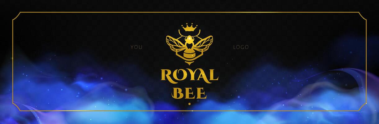Royal bee logo with a crown . Golden frame with blue smoke. eps 10