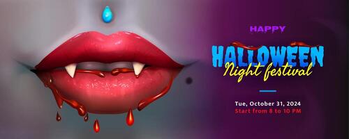 Realistic vampire red lips with bloody fangs. Open mouth with white teeth and drops of blood. Happy Halloween. Place for text. Background from realistic 3d banner in cartoon style vector