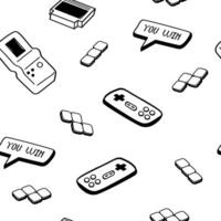 90s cute icons collection. Retro game black seamless pattern in doodle style. vector