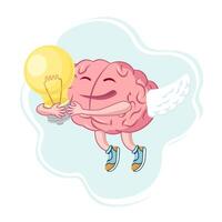 Brain character inspired by the idea soars up.The brain holds the light bulb. A symbol of a new idea that came to mind. vector