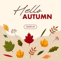 Flat autumn border frame. Social media post template. Colorful background with autumn leaves and copy space. vector