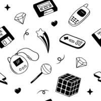 90s cute seamless pattern. Retro doodle elements collection on white backround. vector