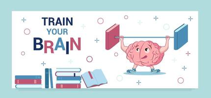 Brain training. The brain lifts a barbell with books. The text - Train your brain. Web banner or landing page template. vector