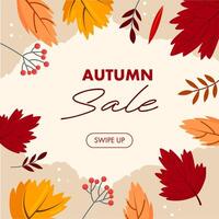Flat autumn border frame. Social media post template. Colorful background with autumn leaves and copy space. vector