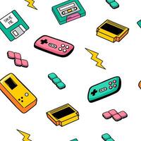 Retro game gadget color seamless pattern in doodle style. 90s cute icons collection. vector