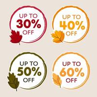 Set of bright colored autumn sale tags. Round discount labels with autumn leaves on white background. vector