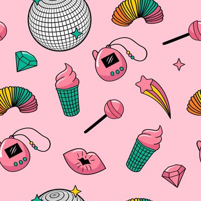 90s cute elements collection. Retro pink color seamless pattern in doodle style. Disco ball, ice cream, lolly, gemstone etc.