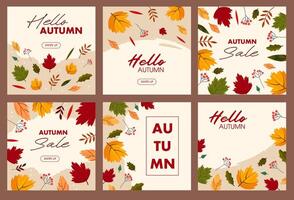 Flat autumn instagram posts collection. Social media post template. Colorful set with autumn leaves and copy space. vector