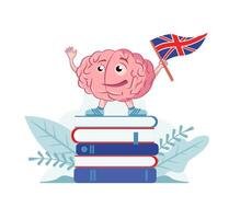 Brain character with the English flag is on the books. Studiing English language. icon, illustation for the logo of English language courses. vector
