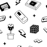 90s cute elements collection. Retro game seamless pattern in doodle style on white bacground. vector