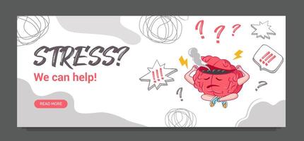 Help with stress and depression. The character's brain is smoking, pain, suffering. Psychological support. template for a web banner, landing page, flyer. vector