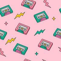 90s cute icons collection. Retro music tape color seamless pattern in doodle style. vector
