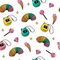 90s cute toys for children. Color seamless pattern on white background. Retro elements set in doodle style. Slinky, rainbow, star, lollipop vector