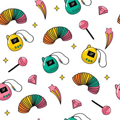 90s cute toys for children. Color seamless pattern on white background. Retro elements set in doodle style. Slinky, rainbow, star, lollipop