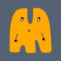 Whimsical funny alphabet in doodle style, colorful uppercase letter M with cute faces and hands. ABC funky bubble design vector