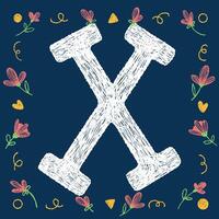 Playful hand-drawn chalk textured alphabetical letter X with decorative elements on a blue background, ideal for educational and creative design projects. vector