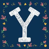 Playful hand-drawn alphabet capital letter Y with decorative elements on a blue background, ideal for educational and creative design projects. vector