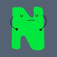 Whimsical funny alphabet in doodle style, colorful uppercase letter N with cute faces and hands. ABC funky bubble design vector