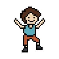 Cute pixel cartoon 8bit character man exercises training dance lifestyle music decoration life style 8 bit male boy dance with music game fitness isolated. vector