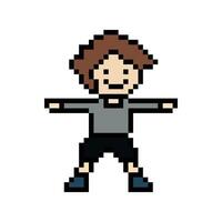 Cute pixel cartoon 8bit character man exercises training dance lifestyle music decoration life style 8 bit male boy dance with music game fitness isolated. vector