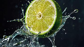 Fresh lime fruit cut with fresh water splashes on color background, good for creative digital content photo