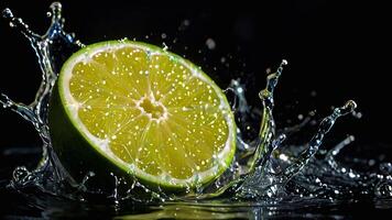 Fresh lime fruit cut with fresh water splashes on color background, good for creative digital content photo