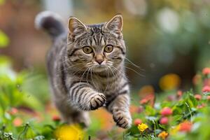 An American Shorthair cat is captured mid-run in a garden photo