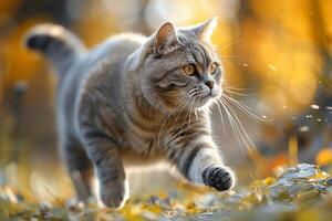 A British Shorthair cat side view, running in a park. The photo-realistic photo