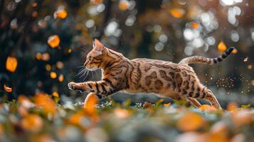 portrait of a Bengal cat cat side view, running in a park photo