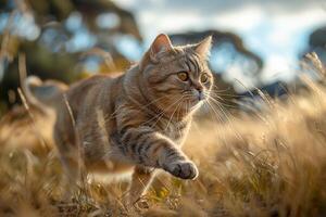 A British Shorthair cat side view, running in a park. The photo-realistic photo
