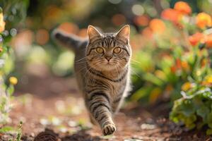 An American Shorthair cat is captured mid-run in a garden photo