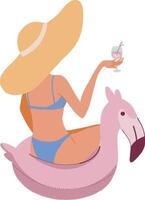 Lady in lifebuoy flamingo with glass flat style isolated on white vector