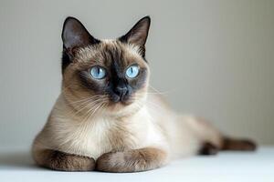 Siamese cat full body sitting graciously with beautyful blue eyes, studio photo with grey background