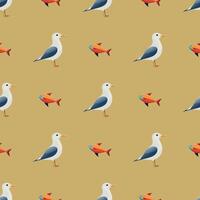 A pattern of seagulls and fish on a yellow background vector