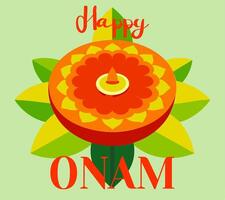 A flower with a yellow center and green leaves. The flower is surrounded by a blue circle. The word Happy Onam is written in purple vector