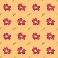 A pattern of red flowers with green leaves is printed on a yellow background vector