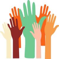 A group of hands are raised in a circle, with some hands being green and others being orange. Concept of unity and togetherness vector