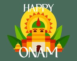 A colorful drawing of a building with a sun and a green leaf. The words Happy Onam are written below the drawing vector