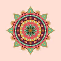 A colorful mandala with green and red petals is the center of a large circle vector