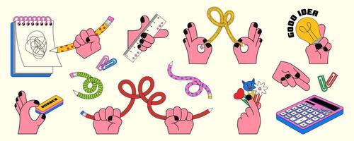 A set of school items in hands. Bendable pencil, cute paper clips, pink calculator, light bulb, ruler in hand. Illustration in retro linear style. vector