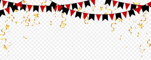 Red and black bunting flags isolated space for text. gold confetti and ribbon vector