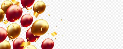 Red, gold glossy realistic balloons and golden confetti on background vector