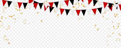 black and red triangle pennants chain and confetti decor greeting card, party banner website vector