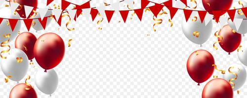 realistic balloon, ribbon, confetti and triangle pennants chain frame background celebration party vector